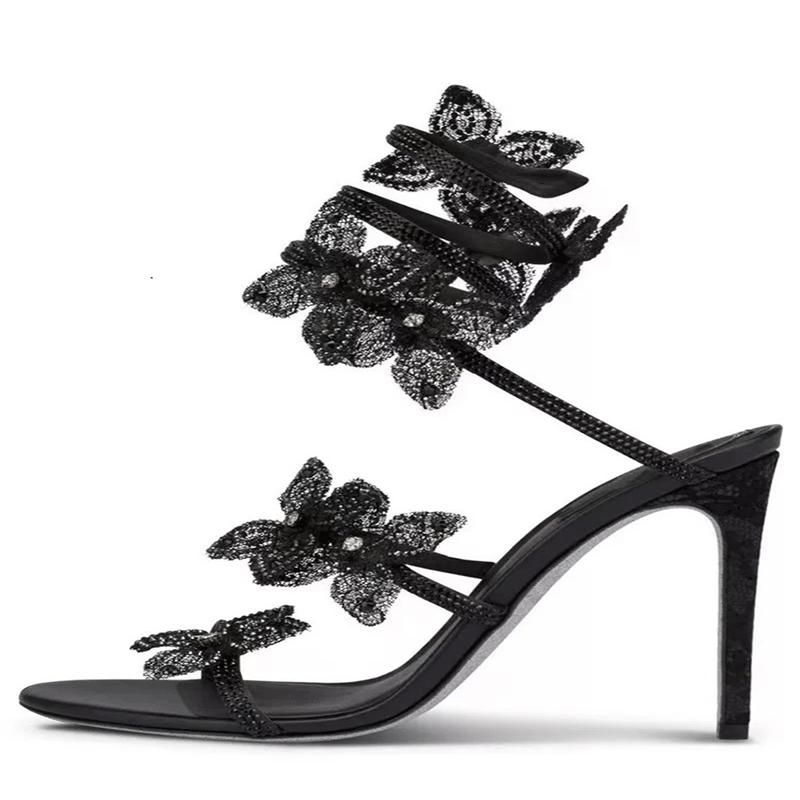 Aneikeh Summer Sexy CRYSTAL Flower Toc subțire Sandale de femeie Street Style Cu vârf deschis Bandă îngustă Curea la gleznă Pantofi de bal pentru banchet