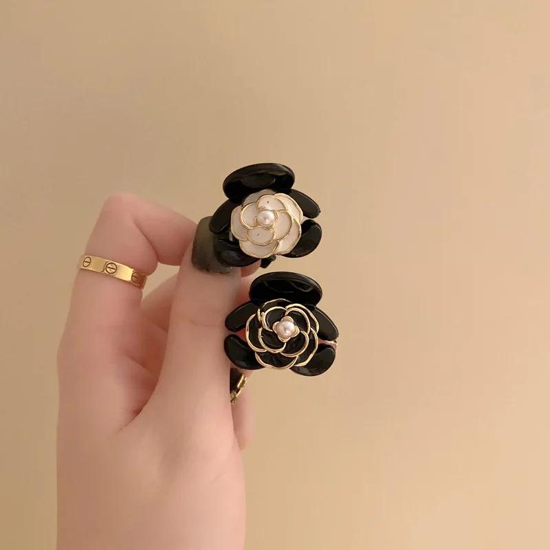 2pcs Black Rose Flower Hair Claw Elegant Temperament Camellia Hair Clip Princess Side Clip Women Girls Bangs Clip Hairpin