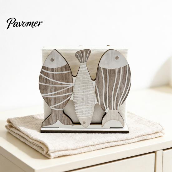 Rustic Wood Paper Towel Stand Wooden Napkin Holder, Vertical Ocean Style Dispenser, Square Theme Dispenser Ordered Storage Holder for Kitchen