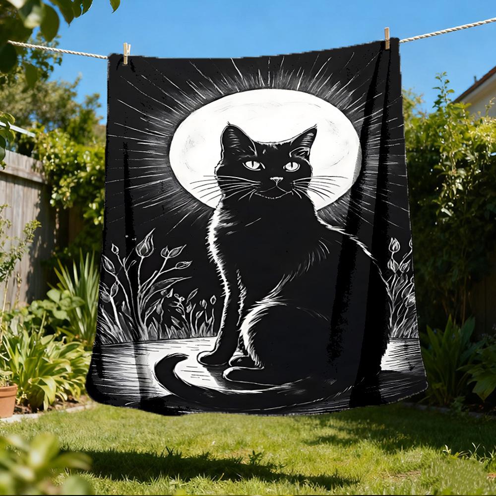 1pc Moonlit Cat Throw Blanket Polyester Fiber, Lightweight Flannel, Soft & Warm, All Season Use for Outdoor, Camping Digital Print