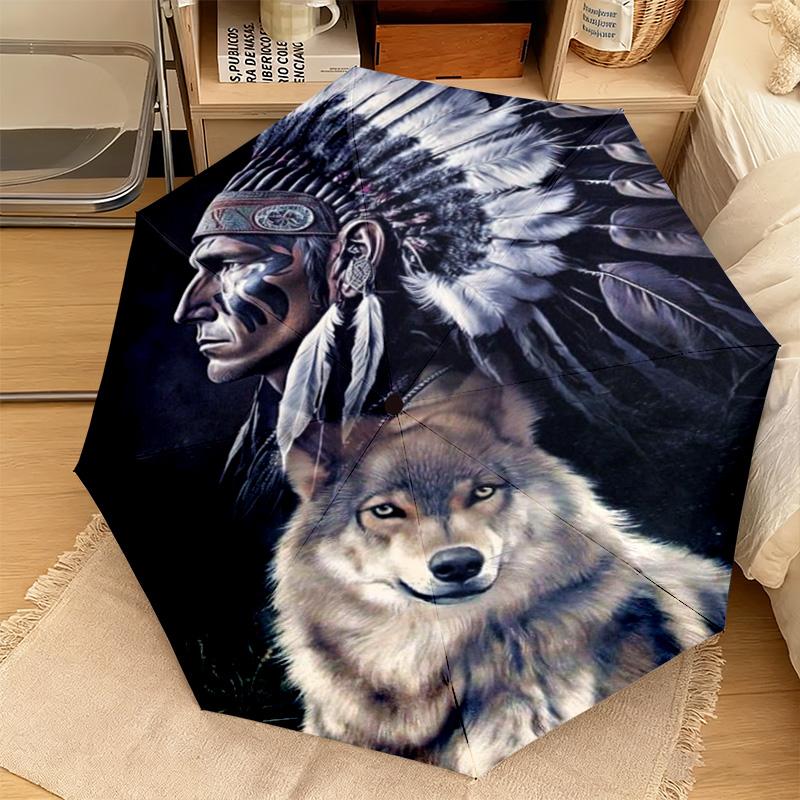 1PC Wolf Native Spirit Automatic Umbrella - Suitable Travel Outdoor Portable Umbrella Birthday Gift Daily Essentials