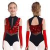 Kids Dance Leotard with Gloves Mock Neck Cutout Back Sparkling Sequins Color Block Performance Outfit