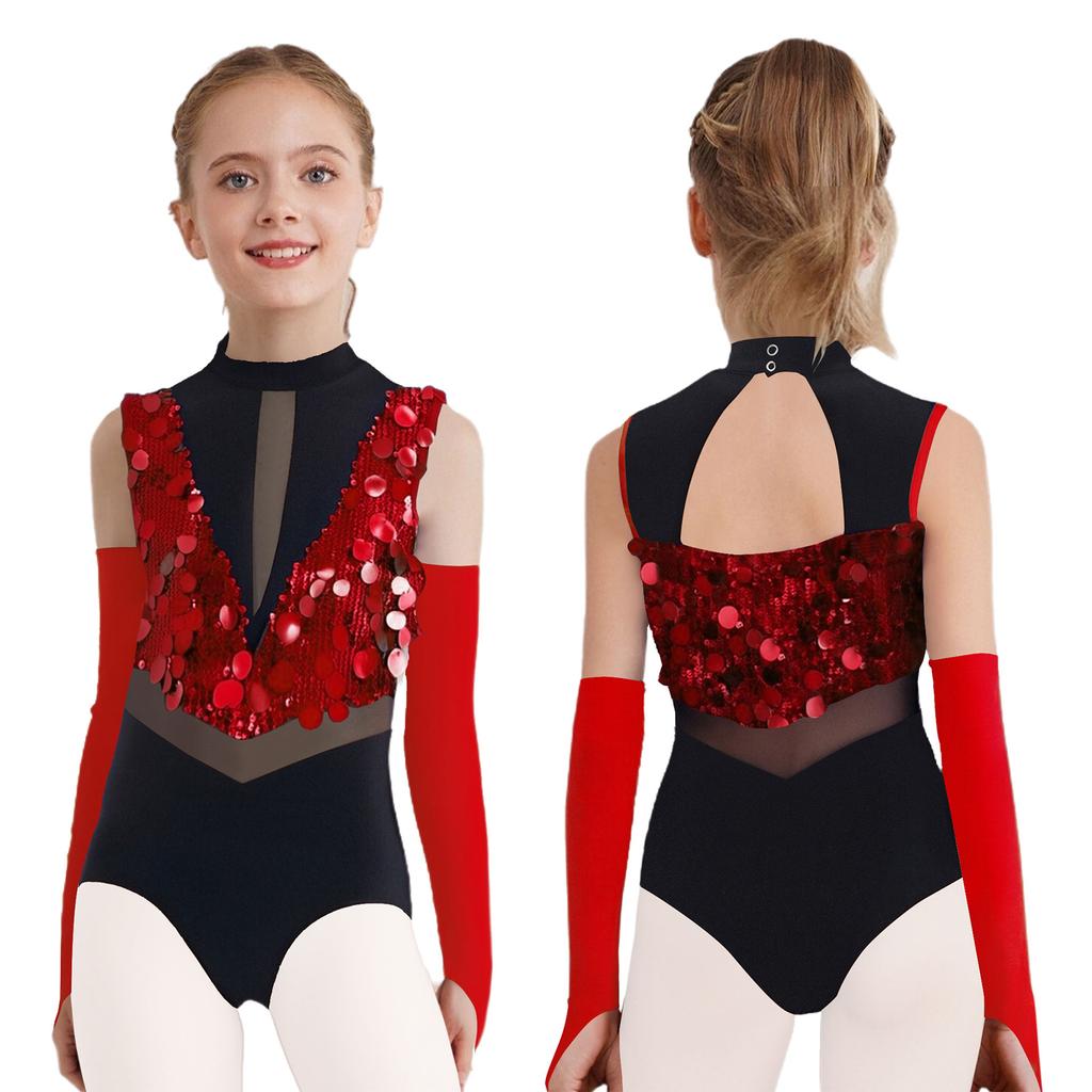 Kids Dance Leotard with Gloves Mock Neck Cutout Back Sparkling Sequins Color Block Performance Outfit