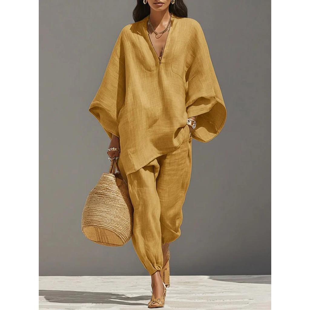 Women's V Neck Batwing Sleeve Pocket Loose Shirt And Elastic Cuff Jogger Pants Two Piece Linen Look Casual Set