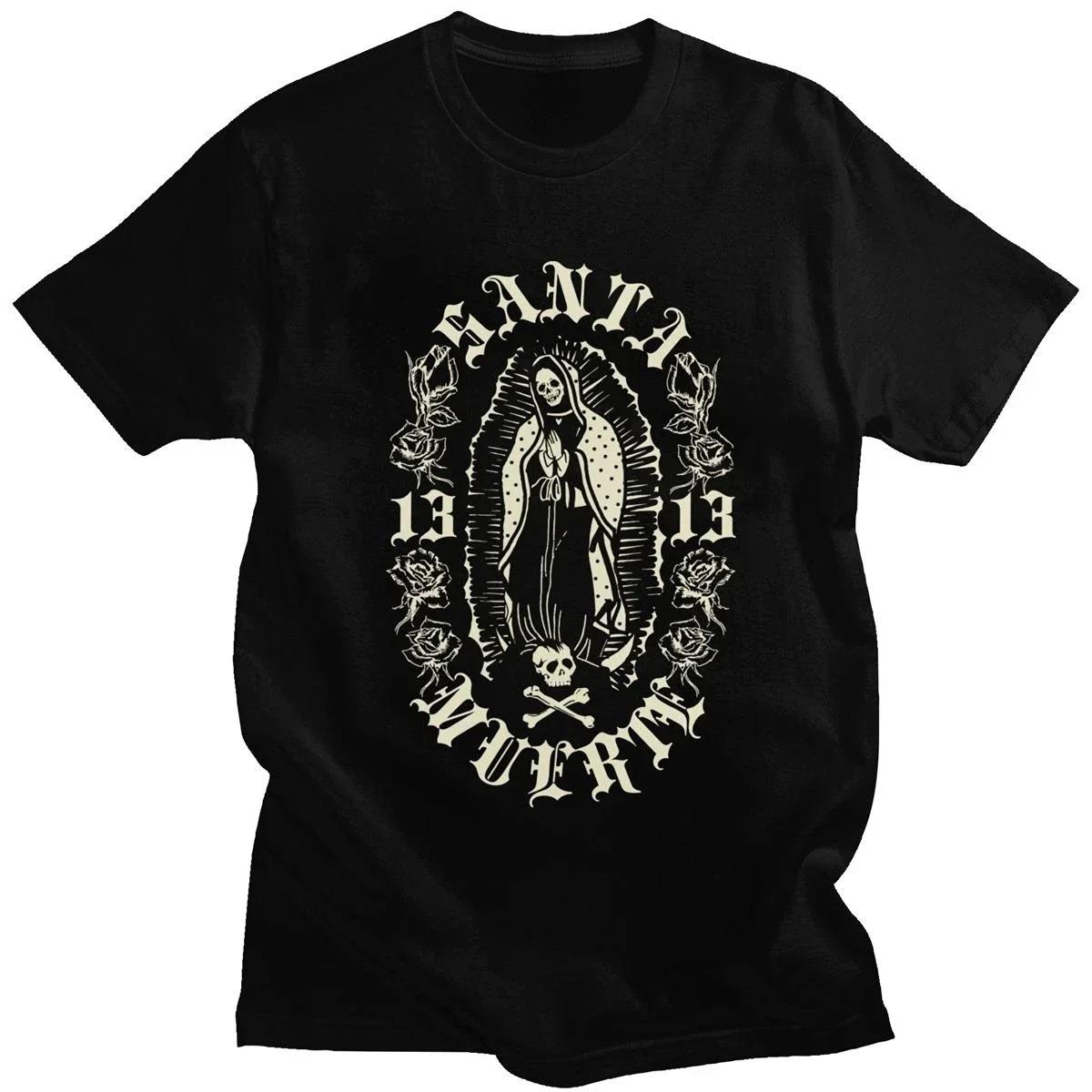 

Classic Gothic Santa Muerte 13 Tshirt Men Lady of Holy Death Shirt Mexican Skull Tee Short Sleeve Cotton Best Selling Round Neck 4XL