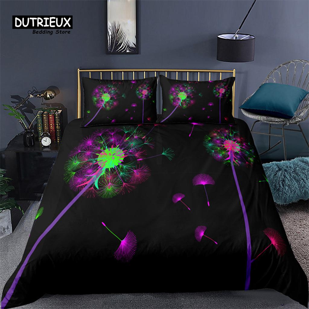 Dandelion Print Bedding Set Microfiber Monochrome Dandelions Blowing In The Wind Fluffy Flower Romance Theme Duvet Cover Decor
