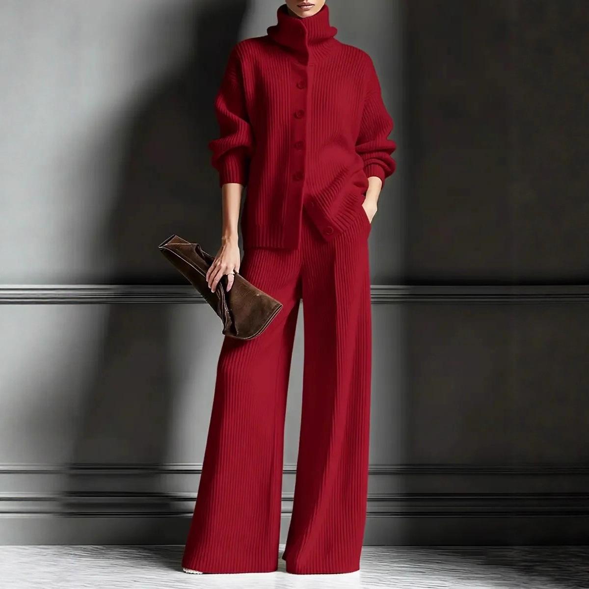 

2025 European American Fashion Women s Autumn Winter High Neck Knit Wide-Leg Suit Extra Large красный