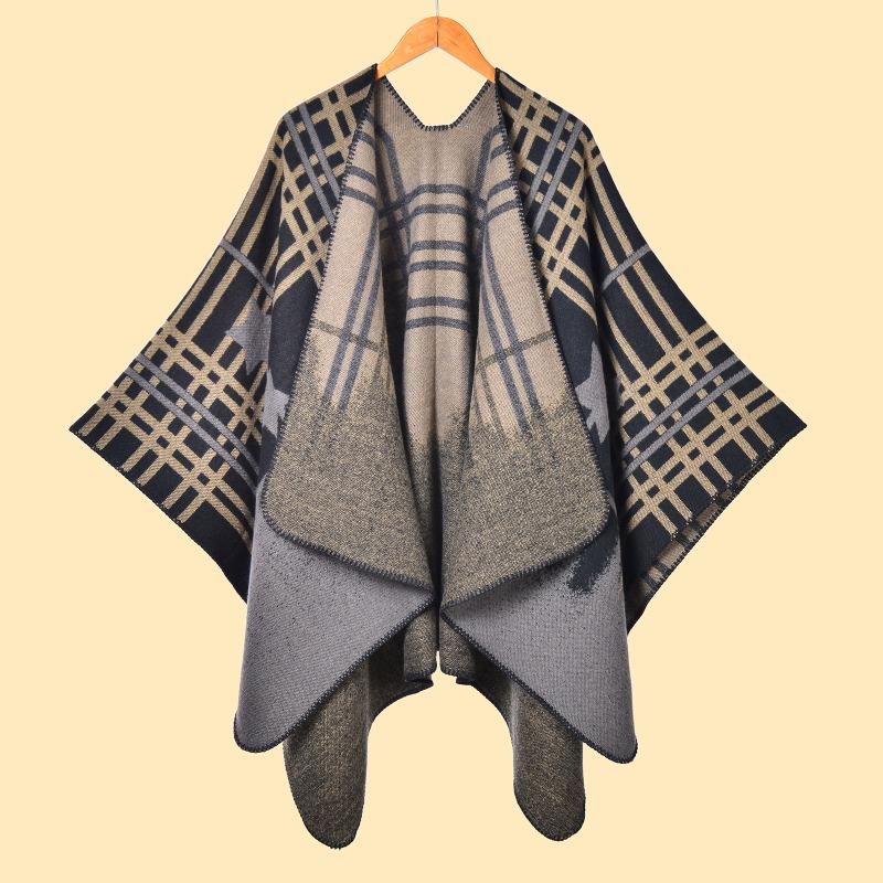 Ladies Autumn and Winter Scarf Shawl Warm Plus Plaid Five-pointed Star Jacquard Cardigan Cape Hwls