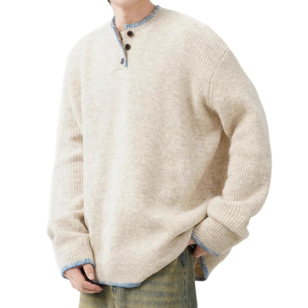 Men's Loose Fit Solid Color Knitwear - Autumn/Winter Warm Lapel Sweater, Casual Gentleman Style, Non-Iron Long Sleeve Base Layer Shirt