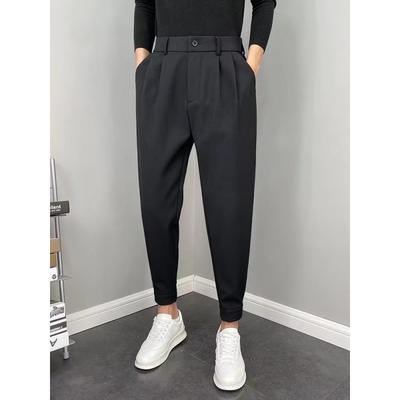 Men's Korean-Style Slim-Fit Suit Trousers - Solid Color, Nine-Point Length, Spring/Autumn, All-Match Straight Casual.