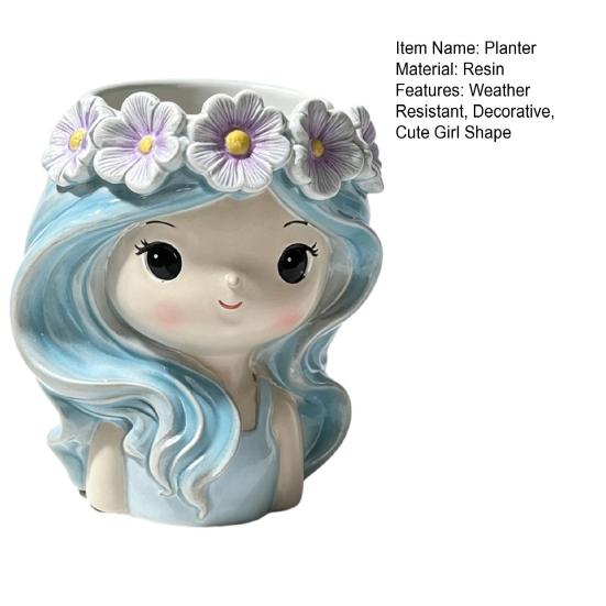 Cartoon Face Planter for Cacti Cute Girl Planter, Blue Hair Garland Head Indoor Plants Decorative Resin Plant Pot Succulents Healing Aesthetic