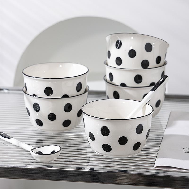 Hepburn-Style Polka Dot Korean Ceramic Bowl Set