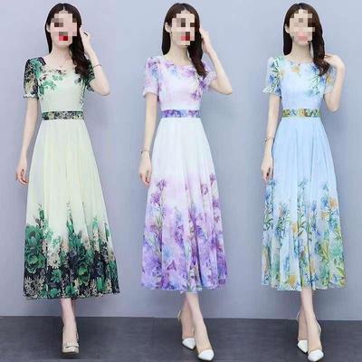 Women's Short-Sleeve Elegant Floral Chiffon Dress, Summer 2026, Round Neck, Tall Slimming Fit, Wide Hem Long Skirt