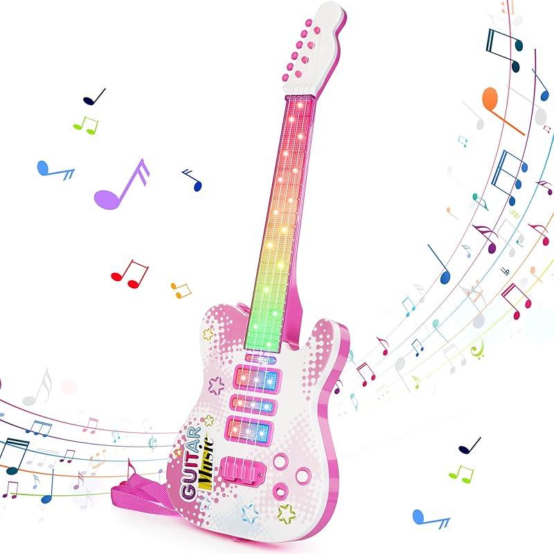 Kids Pink Guitar Toy for 3 Year Old Girls Birthday Gift Toddler Toy Ages 2-4 Electric Guitars with 4 Strings Light Up Music Toys for 3 4 5 Year Old