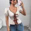 Neue Sommer-Mode Einfarbig Ausgeschnittenes Hemd Damen Sexy V-Ausschnitt Puffärmel Schnür-Tops Schicke Damen Casual Taillenbluse Streetwear