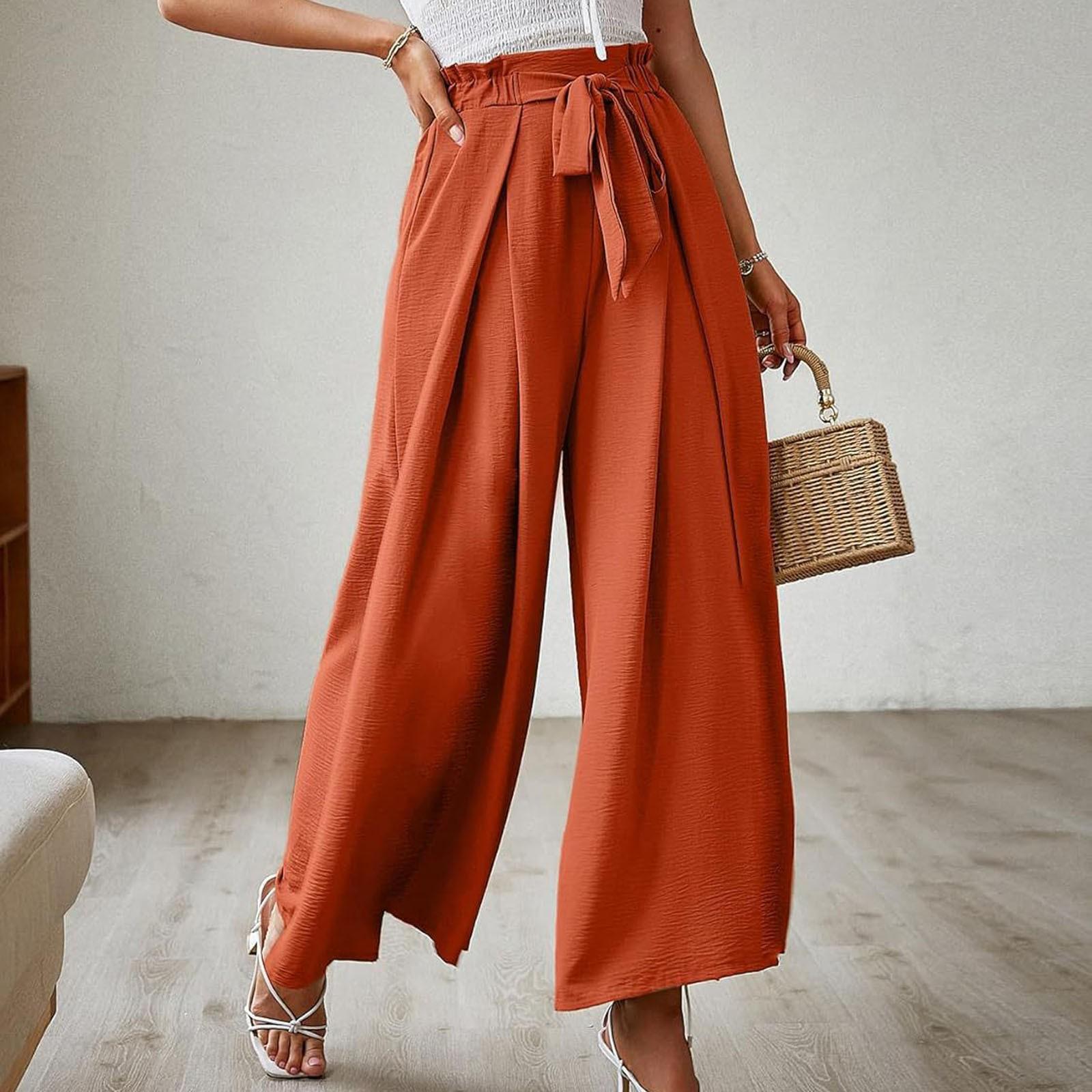 

Плиссированные брюки с широкими штанинами для женщин, с завязкой спереди, высокой талией, разрезами по бокам, струящиеся, с широкими штанинами, плиссированные, струящиеся брюки с поясом XL шафрановый