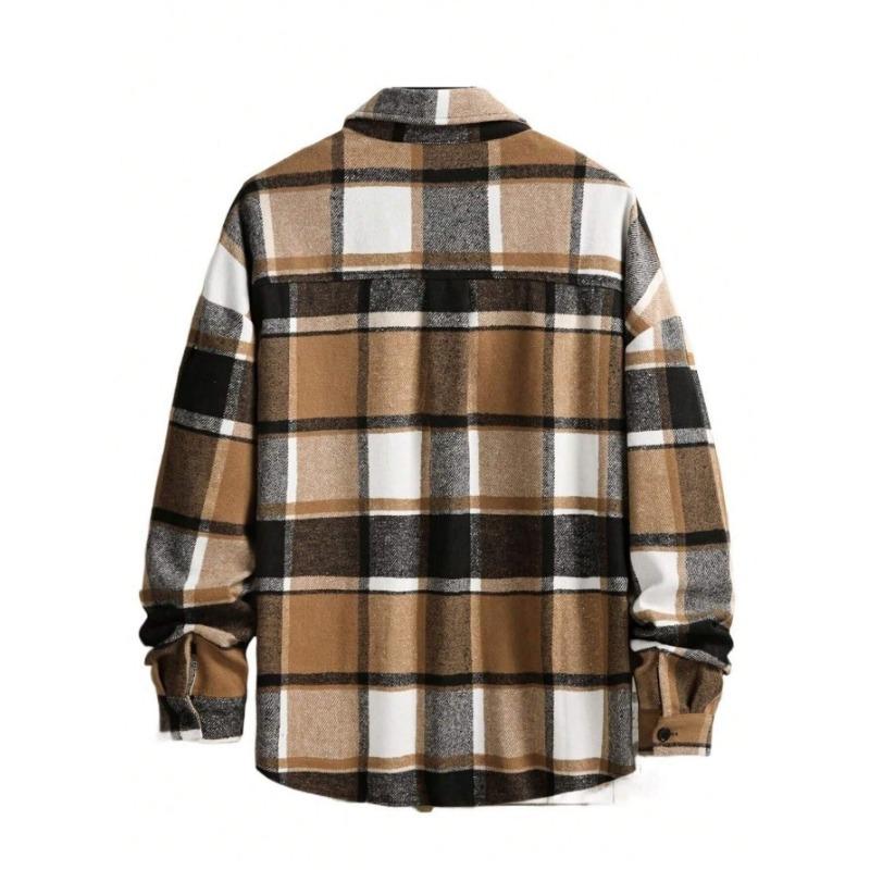 Spring and Autumn New Style Elegant Lapel Checkered Men's Shirt Retro Brushed Casual Long Sleeve Jacket
