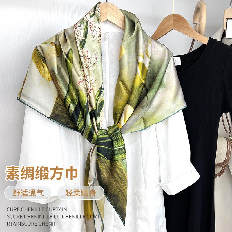 Elegant Temperament Fresh Plant Silk Scarf Shawl Silk Scarf Women'S Square Scarf Silk Women'S Mulberry Silk Silk Scarf Shawl