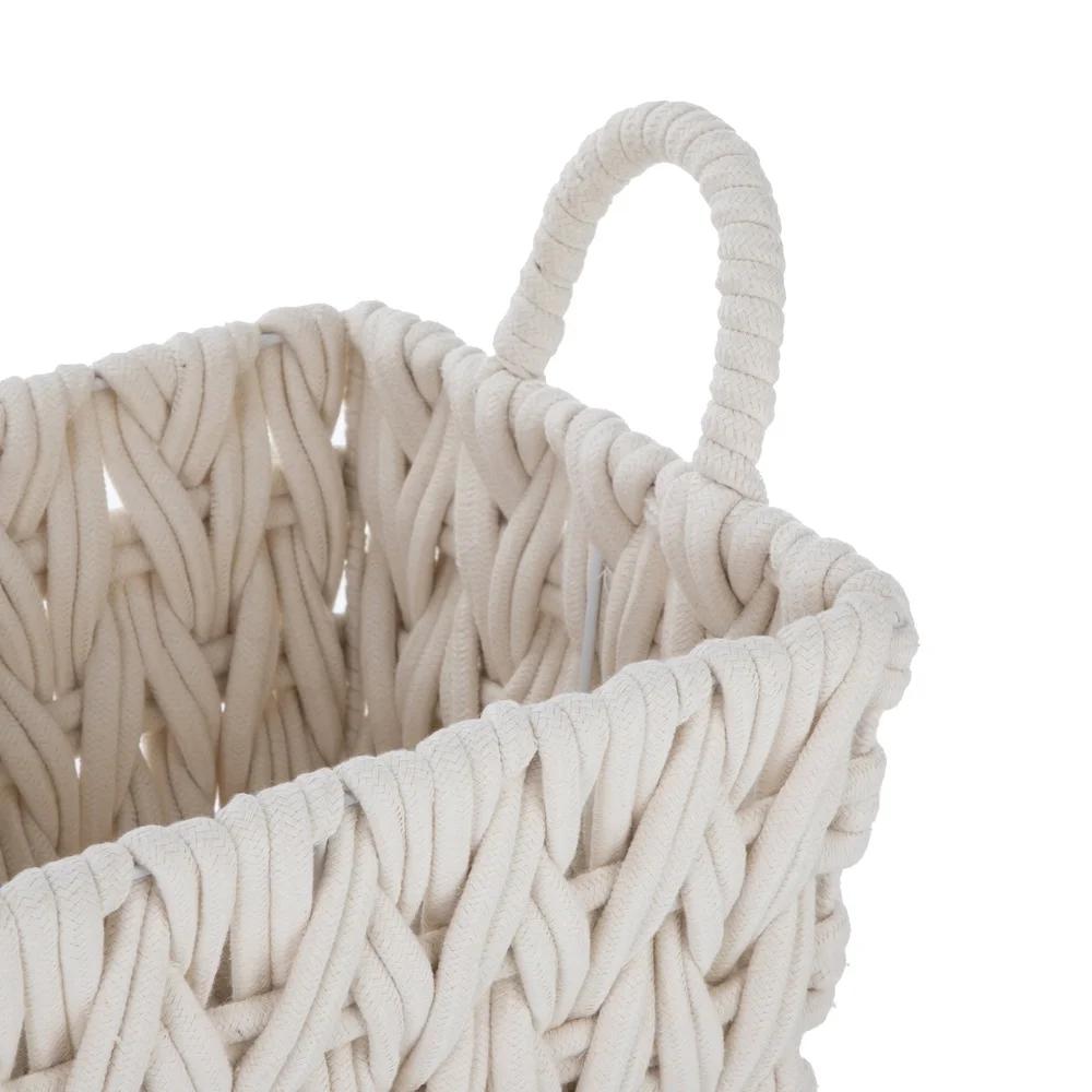 Medium White Woven Rope Decorative Storage Basket Handwoven Storage Organizer Loop Handles Bohemian Home Decor Basketweave