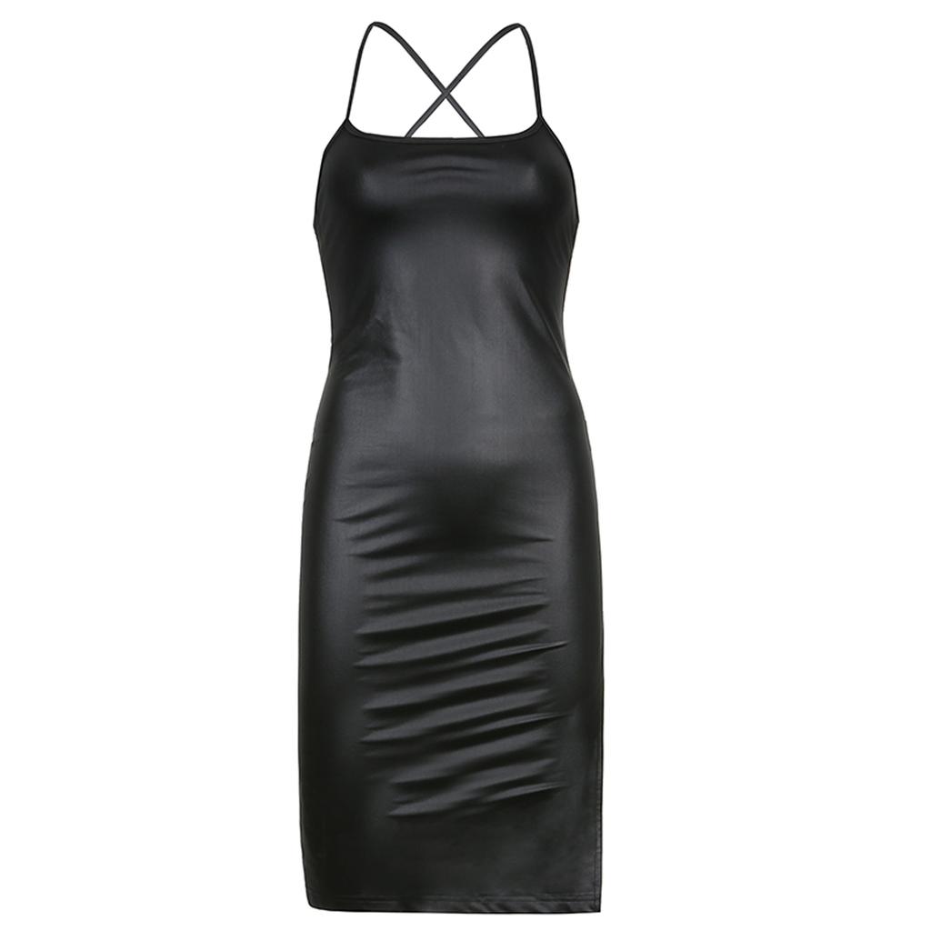 Women 's Sexy Suspender Mid-length Dress Fashion Solid Color Leather Bandage Backless Skinny Split Dress