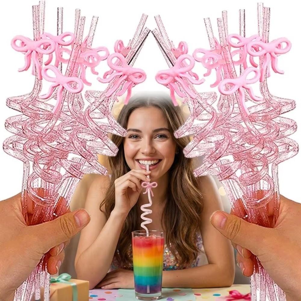 10Pcs Bent Tube Pink Bow Straws Reusable Curved Straw Cute Drinking Straw  Birthday Wedding Supplies