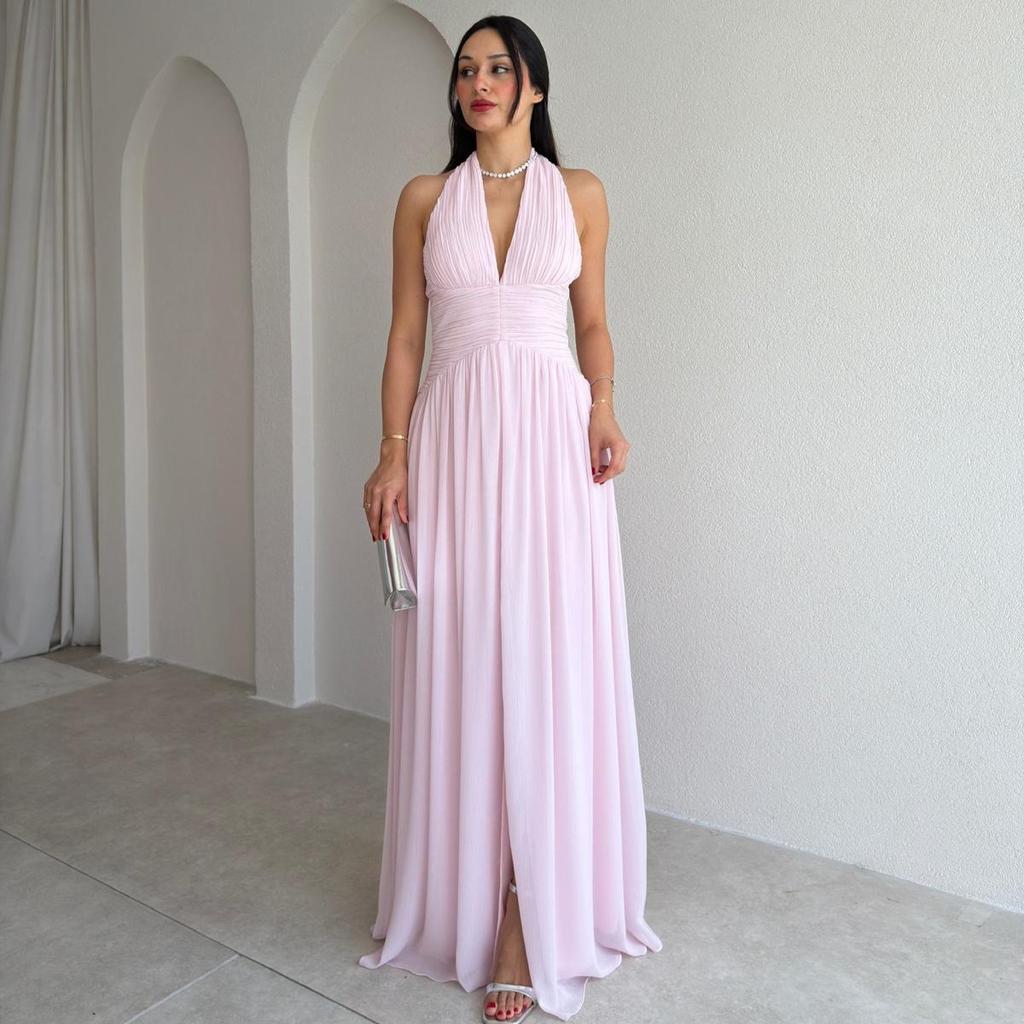 European and American women's clothing spring and summer backless neck collar sleeveless long dress waist split temperament dress