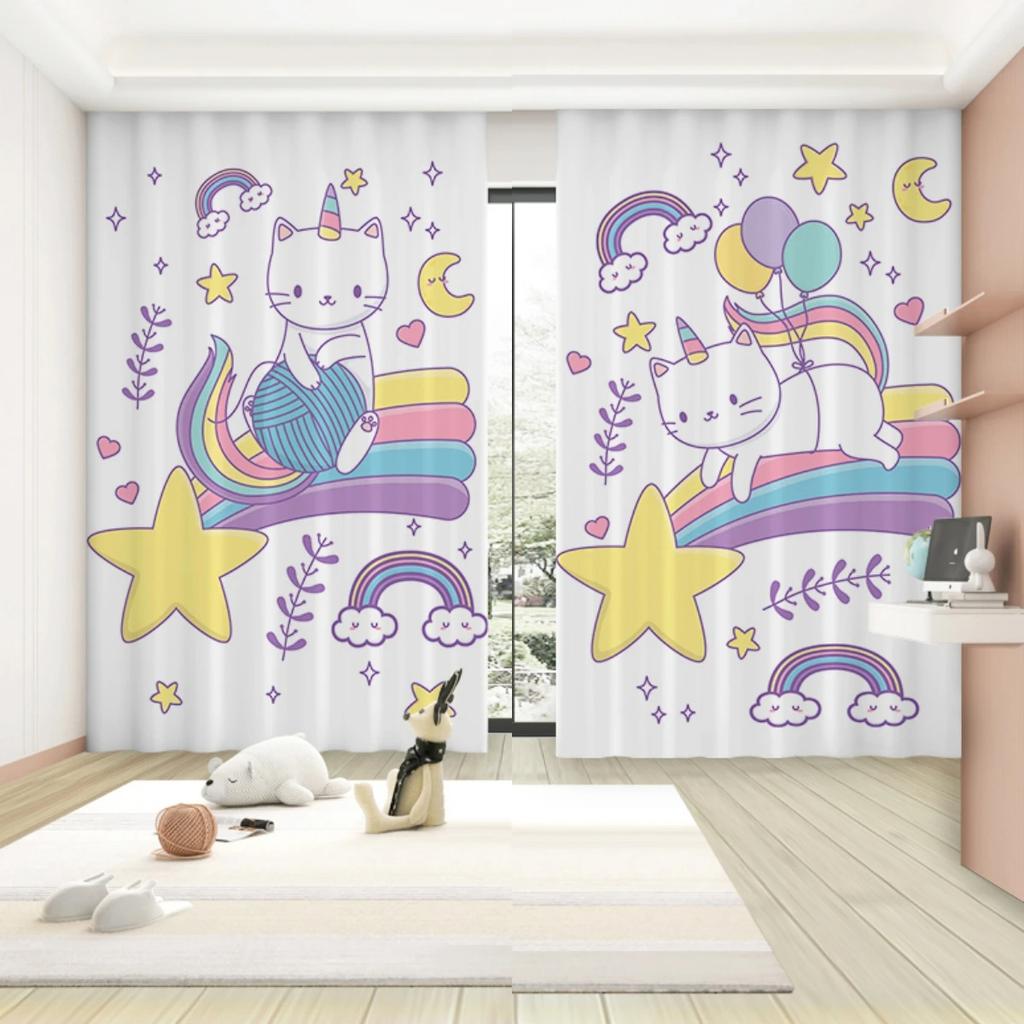 Neue hohe Verdunkelungsvorhänge für Kinderzimmer, Schattierungsvorhänge, Cartoon-Katze, Mädchenzimmer, Schlafzimmer, Arbeitszimmer, Dekoration, Verdunkelung, 2 Stück