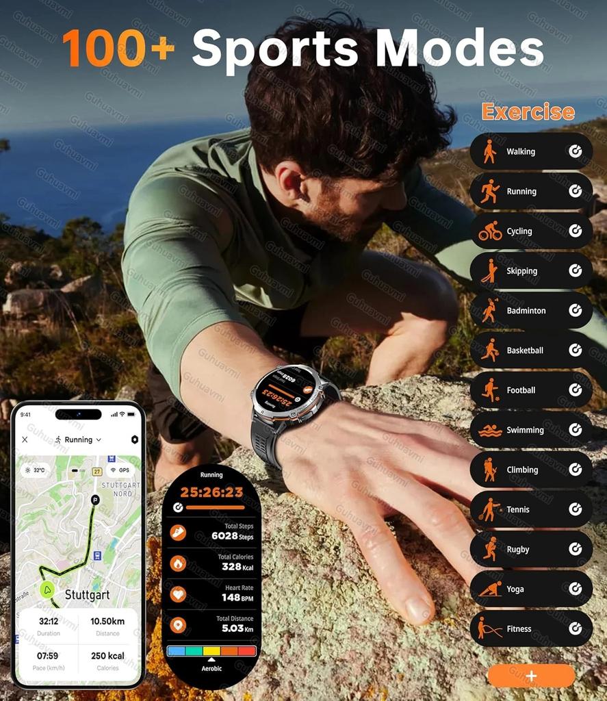 New Military 1000mAh Battery Smart Watch HD AMOLED Screen GPS track 10ATM Waterproof Compass BT Call Sports Smartwatch Men