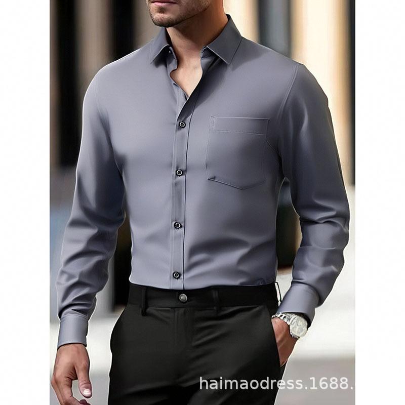 

Модная мужская рубашка 2025 Новая с лацканами Длинный рукав Деловая Тонкая На пуговицах Сплайсинг Кардиган Однотонная Универсальная Повседневная Топ S золотой