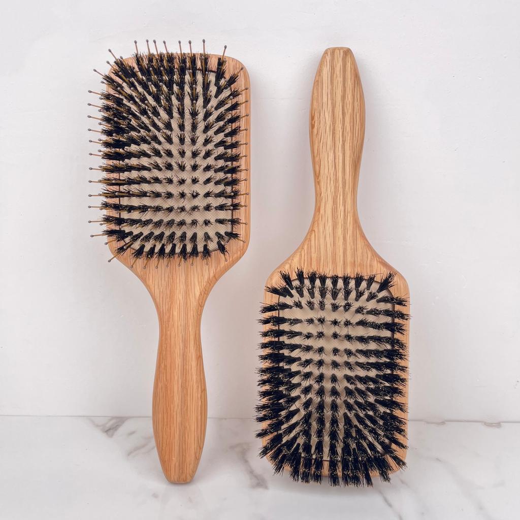 Premium Oak Wood Oval Paddle Hairbrush with Boar Bristles Cushion Detangling Massage Comb for Thin and Thick Hair Custom Logo