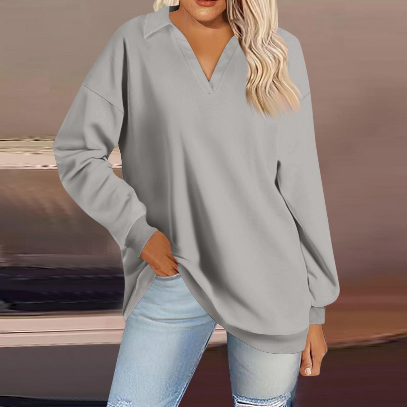 

Женская мода однотонный V-образный вырез длинный рукав свободный пуловер свитшот топ XL