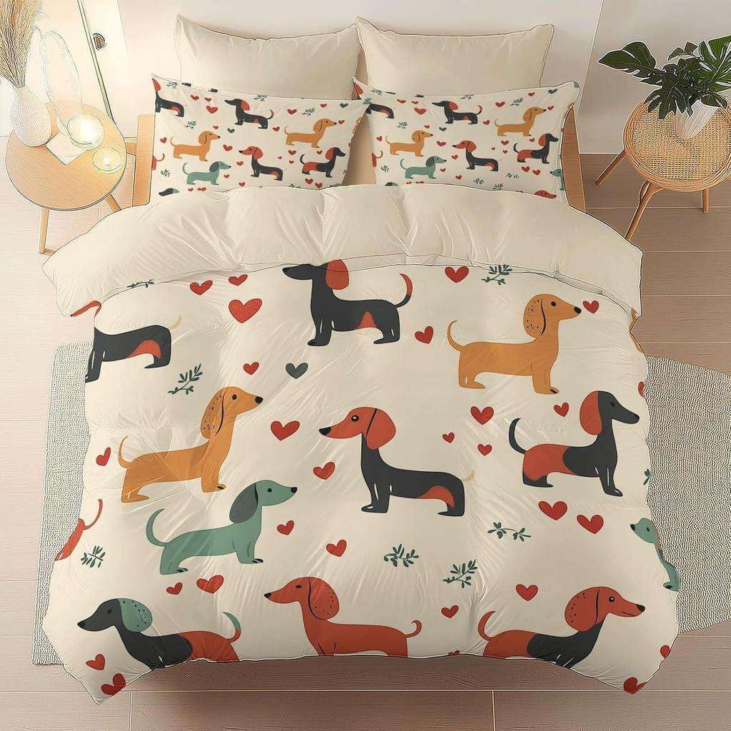 Cute Colorful Dog Duvet Cover Set, Dachshund Dog Bedding Set, Cartoon Polyester Quilt Cover, Pet Dog Home Textiles King Queen
