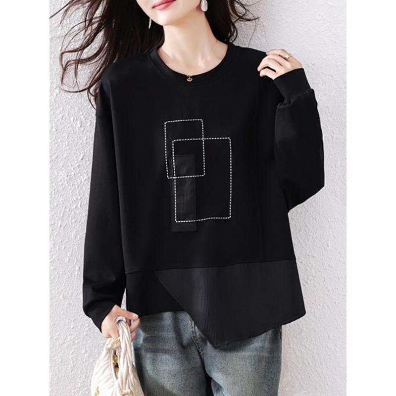 

DIMANAF 2025 Осень Футболка Однотонная Эластичная Футболка Женская Молния Однотонный Длинный Рукав Свободные Топы Футболки One Size чёрный