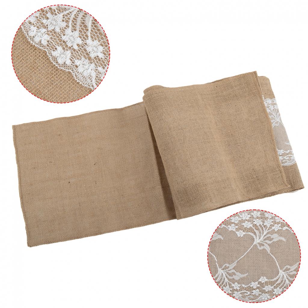 Tavola Runner 30x275cm Lino Misto Juta con Bordino in Pizzo per Ogni Occasione
