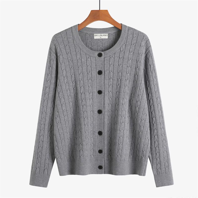 Plus Size Women's Round Neck Cable Knit Cardigan, Long Sleeve, Core-Spun Yarn, Autumn 2025 Collection