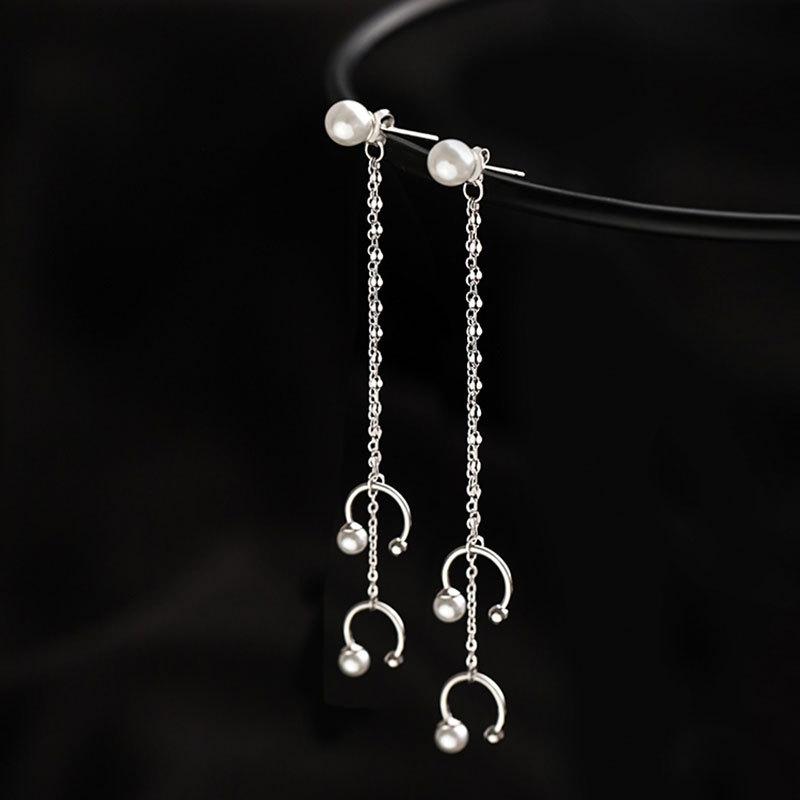 Серьга-клипса из серебра 925 пробы с жемчугом, без прокола, длинная серьга с кисточкой, свадебные украшения для подружек невесты, элегантная костная клипса, модные аксессуары