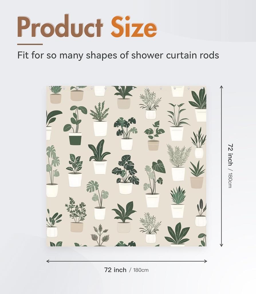 Potted Plants Pattern Shower Curtain 160X180Cm Botanical Theme Bathroom Decor Nature Inspired
