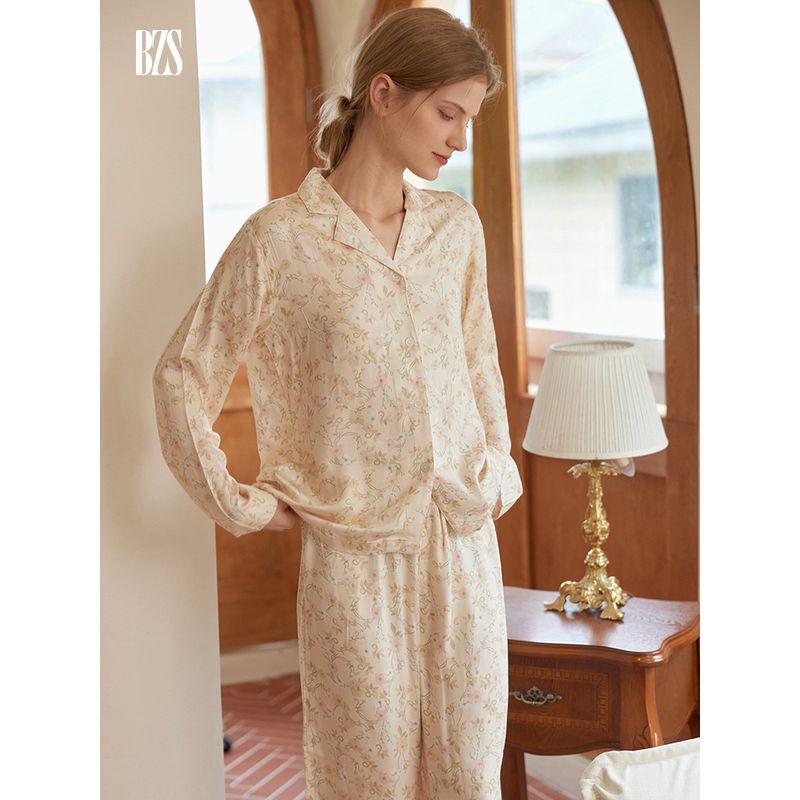 24 New Peter Pan Collar Women's Rayon Satin Floral Print Pajamas Suit Long Sleeves Pants Can Be Outerwear Homewear