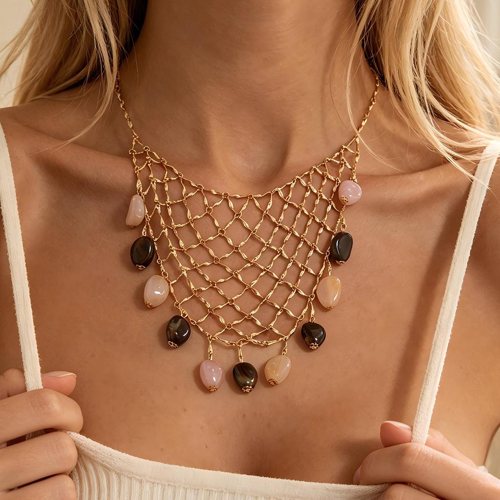 European and American design mesh thin chain exaggerated neck chain jewelry, personalized exaggerated resin fringe pendant necklace