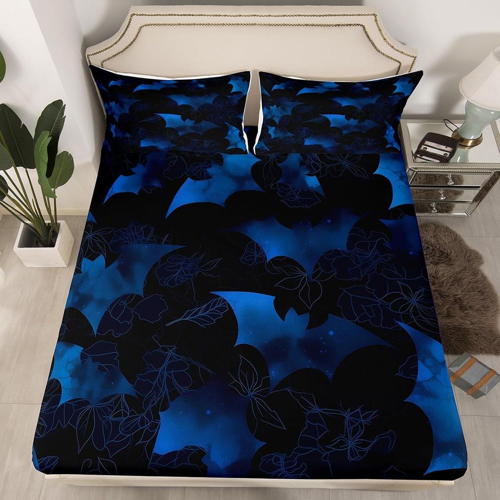 Gothic Spooky Bedding Set Pumpkin Lantern Cute Halloween Bed Sheets for Kids Boys Teens,Ghost Spiderwebs Fitted Sheet Black Cat Cobwebs Bats