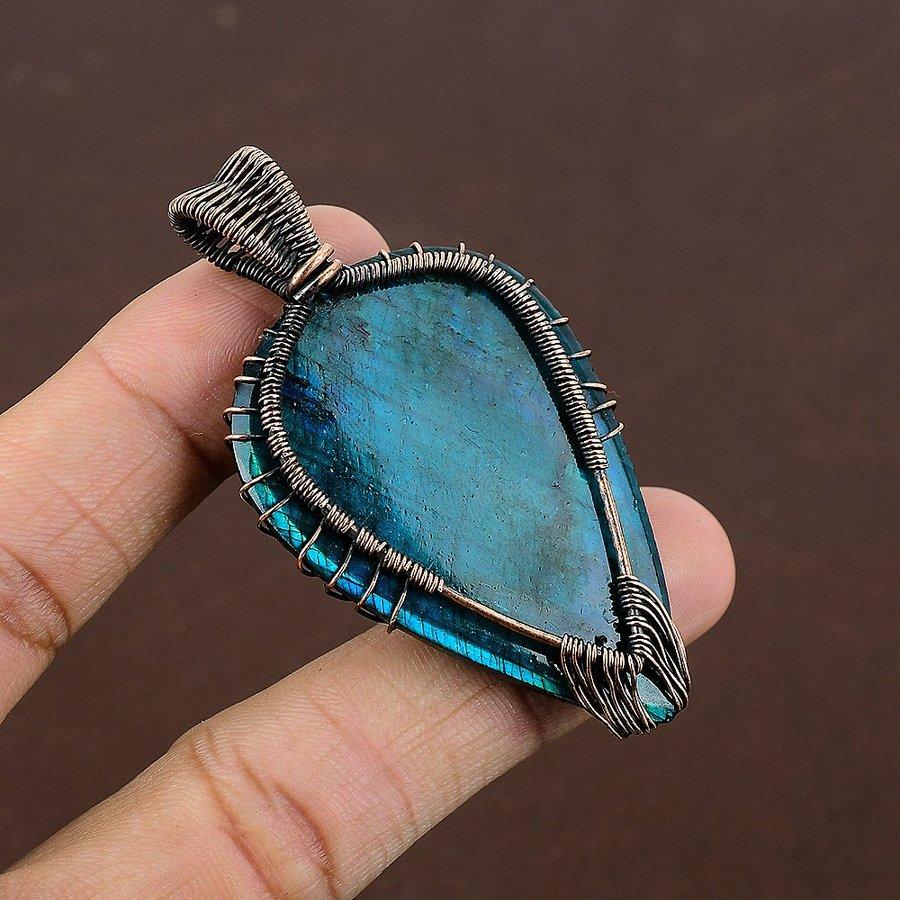 Blue Labradorite Handmade Copper Wire Wrap Jewelry Pendant 2.64" k2H36