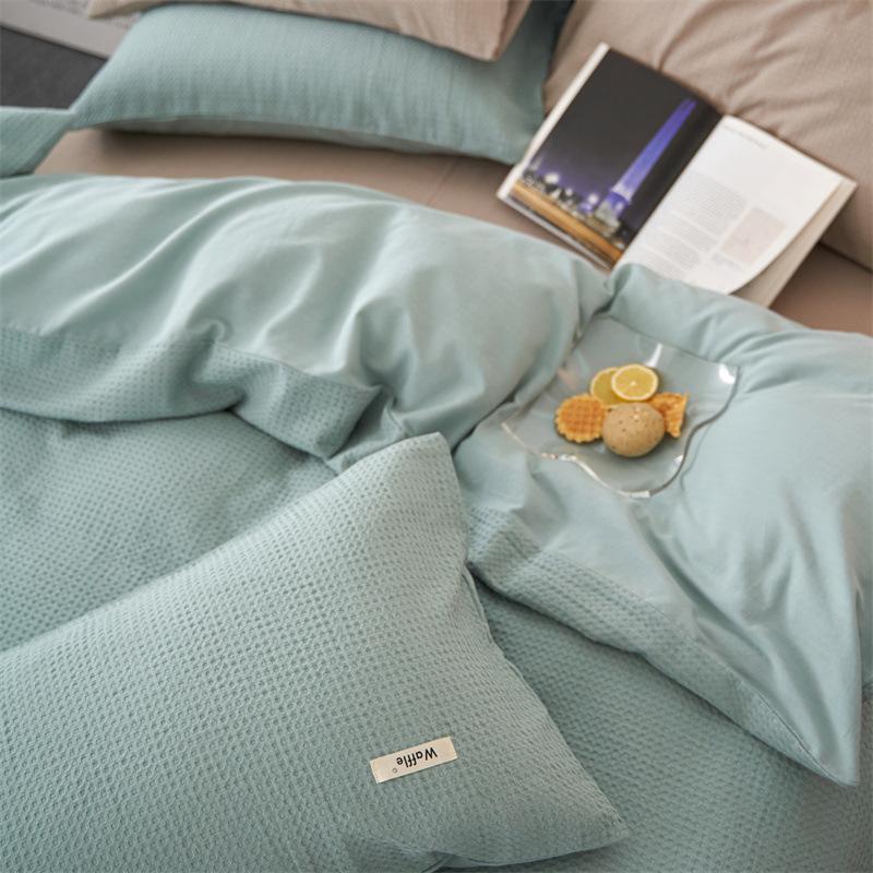 Class A, Maternal And Infant Grade Cotton Double-Layer Yarn 4Pcs Set, Pure Cotton Dormitory 3Pcs Set, Solid Color Bed Sheet Waffle Single Quilt Cover