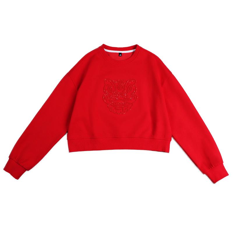 Women's Red Year of the Dragon 2024 Pullover Hoodie - Towel Embroidered, Casual Round Neck, New Autumn Collection