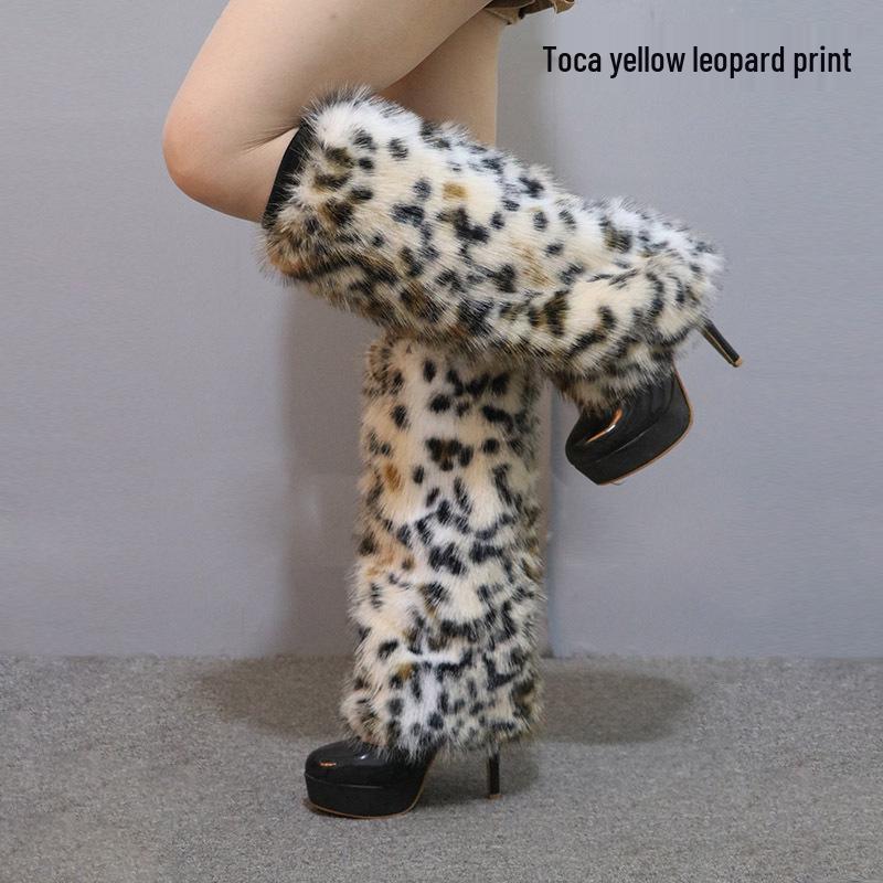 Leopard Print Faux Fur Plush Leg Warmers: Long & Short Styles for Autumn/Winter, Ideal for Stage Performances and Boot Covers.