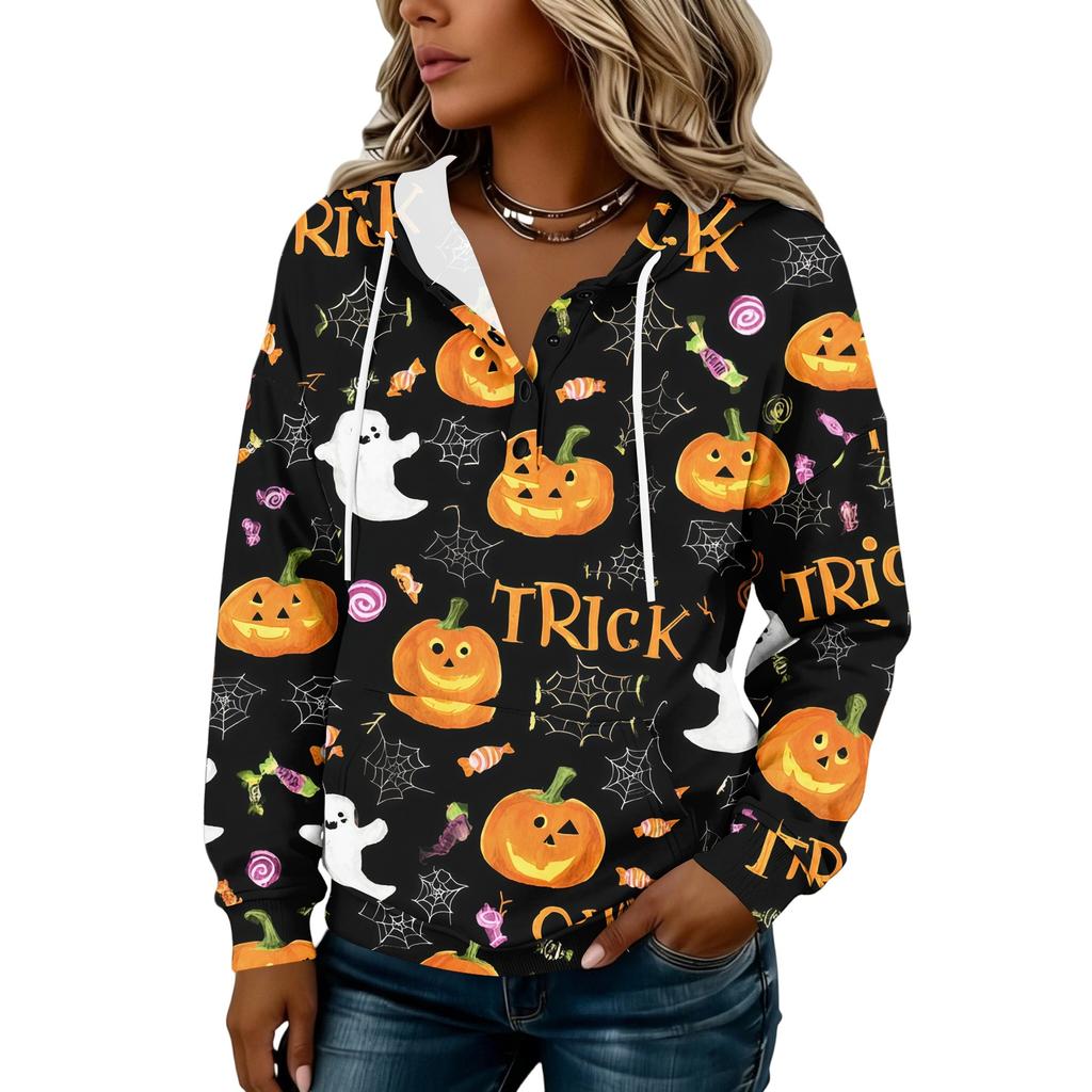 Women's Halloween Print Hoodie Button Front Long Sleeve Sweatshirt