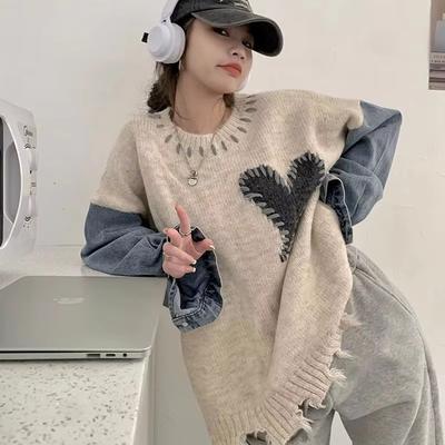 Liebesmuster Denim Gespleißter Damenpullover Neues Einzigartiges Design Rundhals Stil Pullover Herbst Warm Damen Trendiges Oberteil