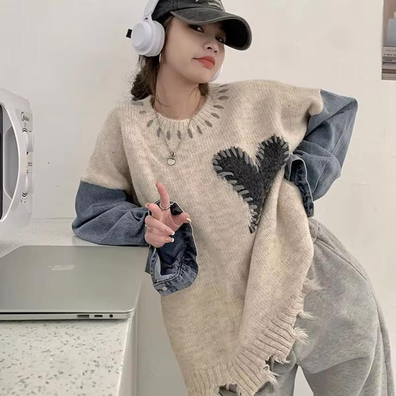Love Pattern Denim Spliced Woman Sweater New Unique Design Round Neck Style Pullover Autumn Warm Women's Trendy Top