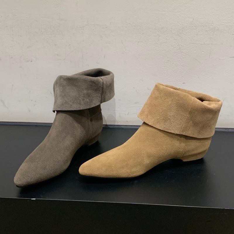 Genuine Leather Low Heel Ankle Boots Women Fashion Pointed Toe Buckle Design Western Cowboy Boot High Quality Nubuck Modern Boot