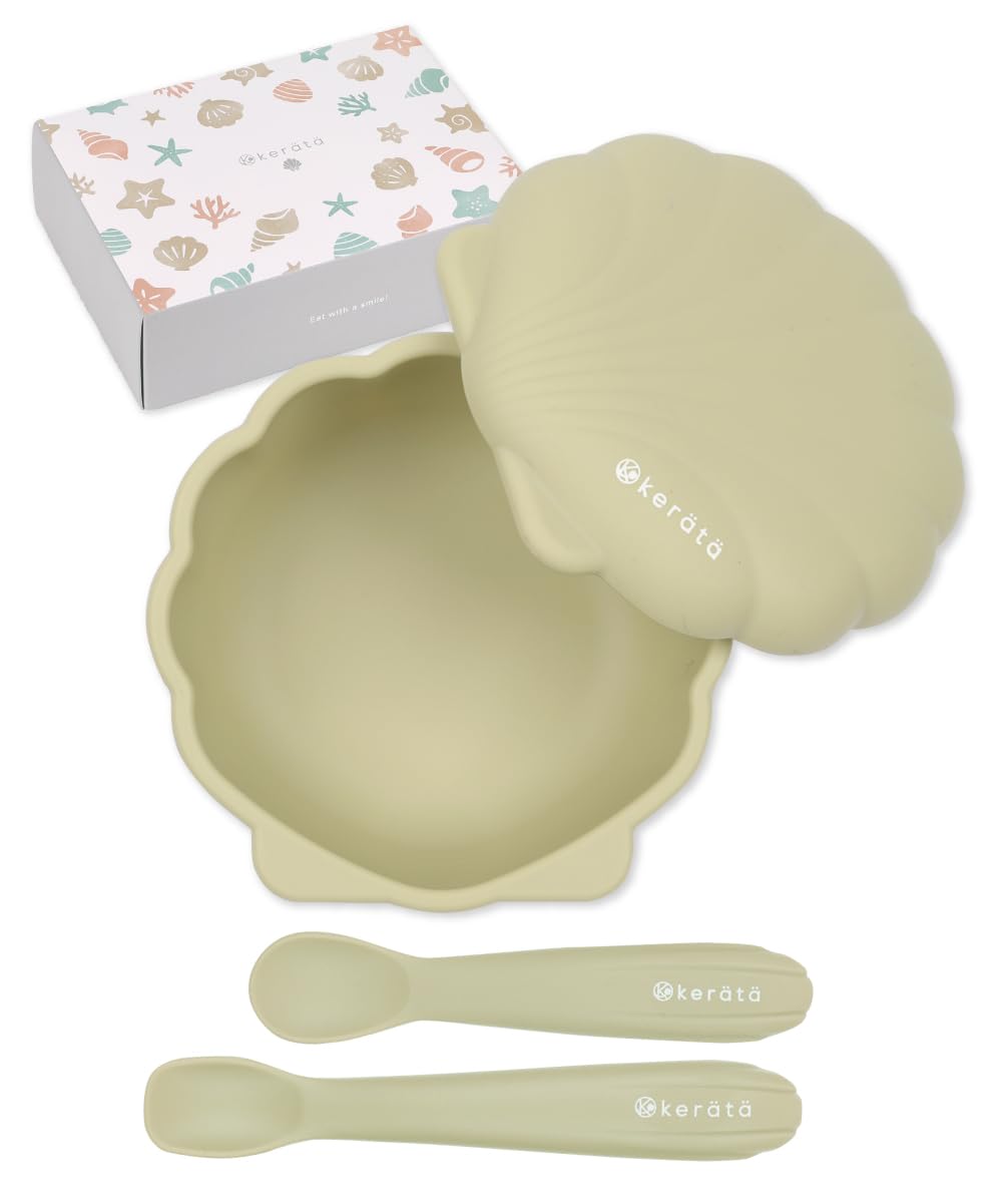 

Keratta Baby Dishware Set with Anti-Tip Suction Cups! Silicone Baby Food, Baby Shower Gift, Dishwasher and Microwave Safe (Seaweed Green, 3-Piece Set)