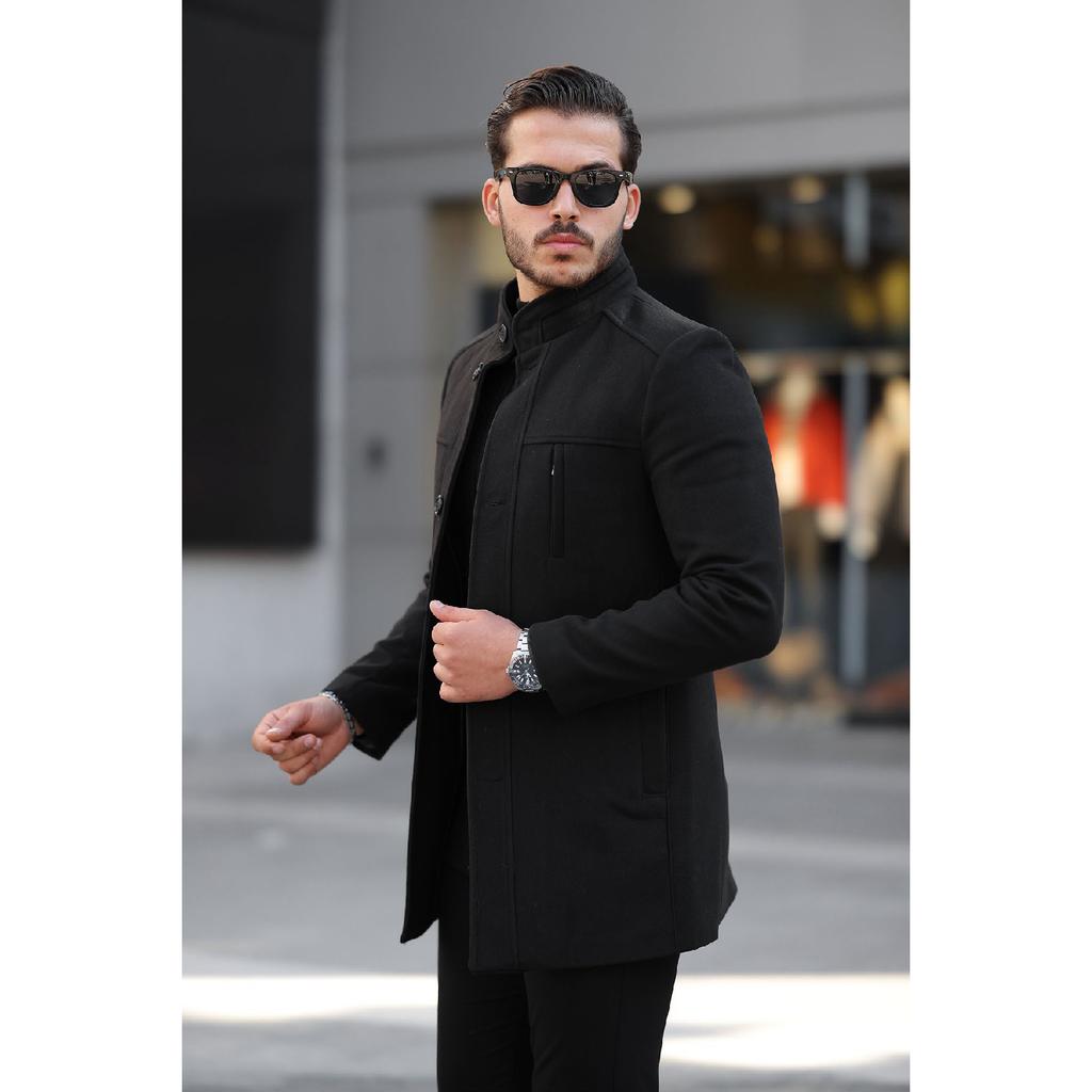 Men's Casual Cut Windproof Buttoned Long Black Cuff Coat